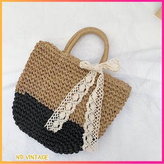 Túi cói thắt nơ đi biển phong cách vintage cho nữ