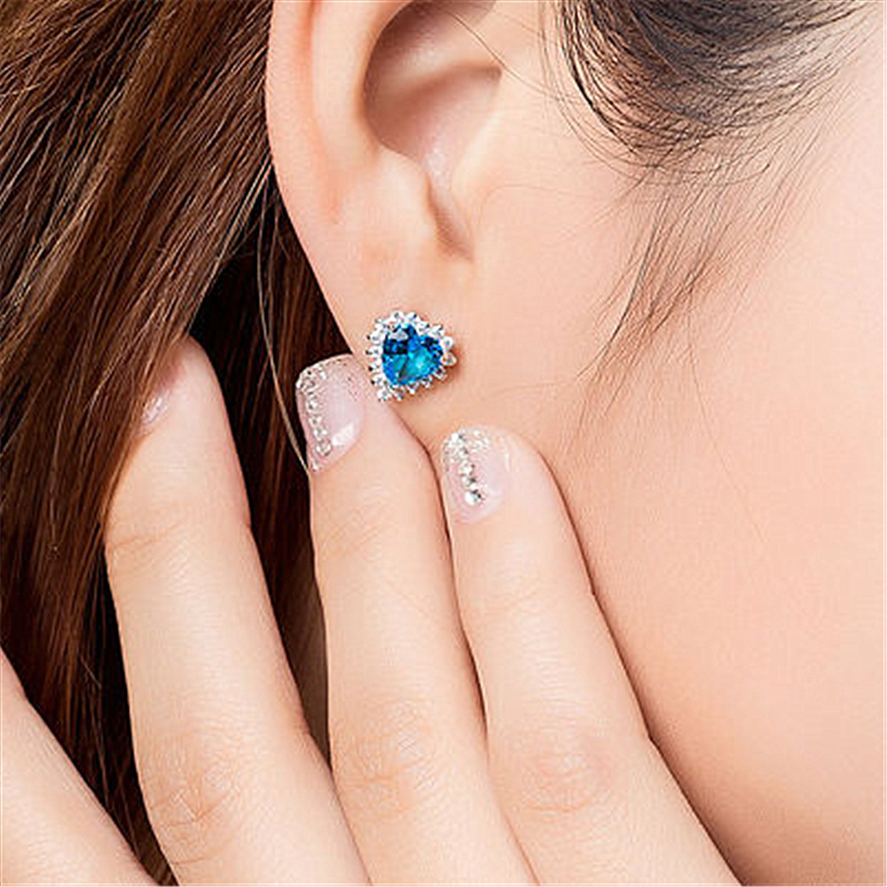 Bông Tai Bạc 925 Đính Đá Pha Lê Xanh Dương Hình Trái Tim Phong Cách Hàn Quốc Dành Cho Nữ-S1