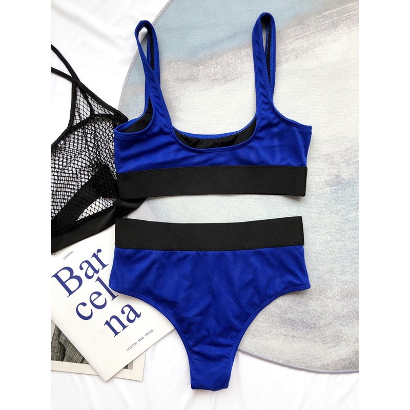 [BKN1057] &lt;ÂU&gt; SET BIKINI BASIC XANH COBALT VIỀN ĐEN VẢI GÂN (CẠP CAO)