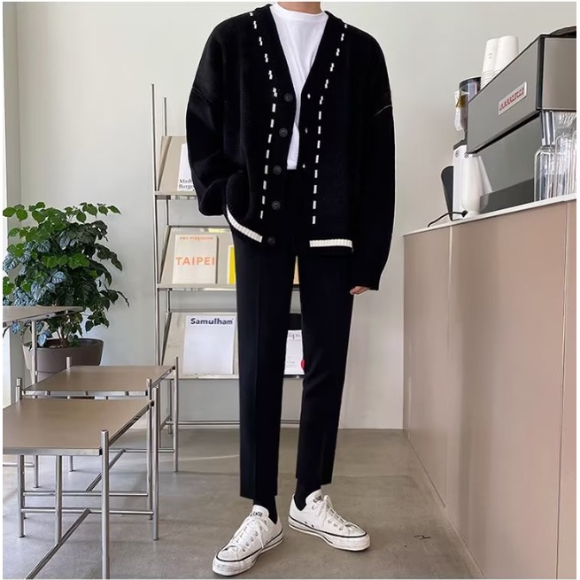 Áo Khoác Cardigan Len Dáng Rộng Phong Cách Hàn Quốc Thời Trang Thu Xuân Dành Cho Couple áo cardigan nam áo dài tay áo sweater form rộng Sọc Simple Fashion áo len nam