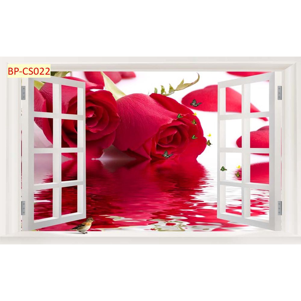 Tranh dán tường 3D khung cửa sổ thiên nhiên trong lành Vải Lụa 3D Cao Cấp