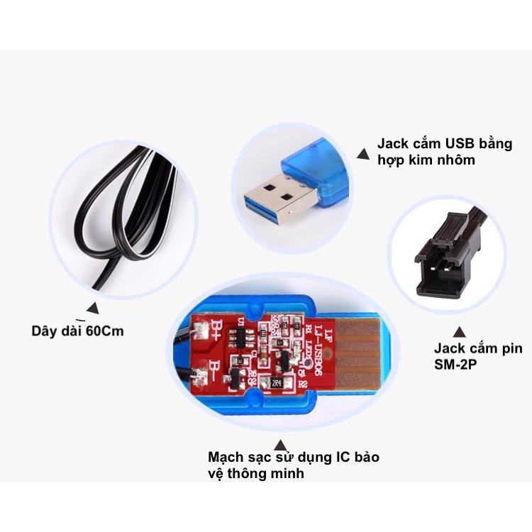 Sạc pin 3.7V  Li-ion Jack SM - 2P  dùng cho xe điều khiển, máy bay drone