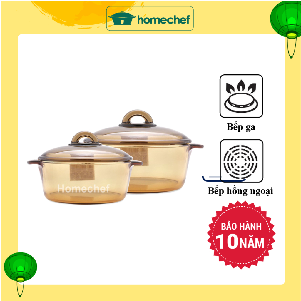 Bộ nồi thủy tinh (đáy trơn) Luminarc Amberline 2 chi tiết 1.5L+ 2L dùng bếp ga, hồng ngoại, sản xuất tại Pháp - LAVI6P4