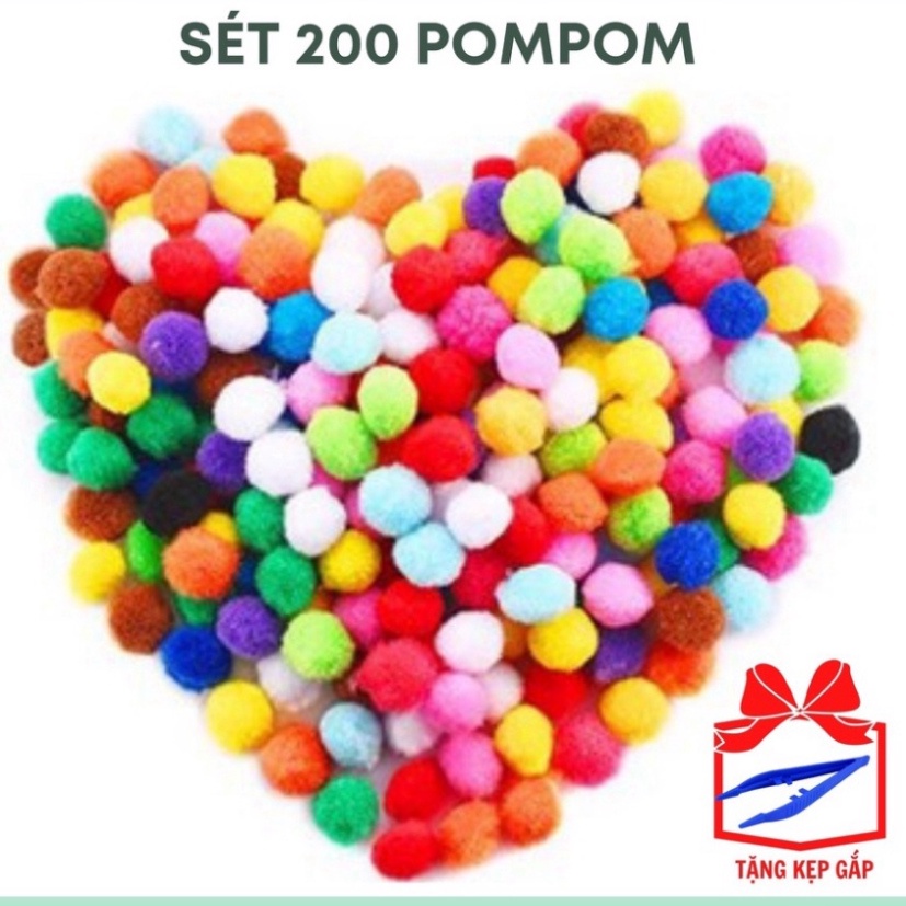 Set 200 Pom Pom Nhiều Màu Kích Cỡ 2 cm Cho Bé Tập Ghắp Được Tặng 1 Kẹp Gắp TRITUEVIET