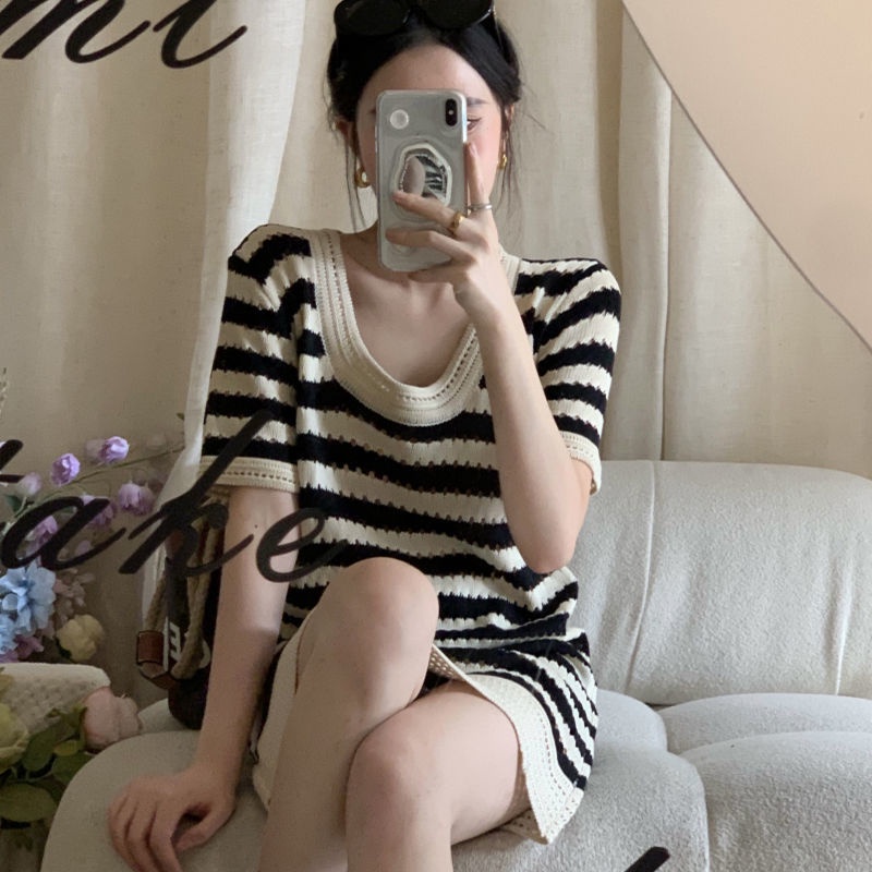 Đầm Thun Dệt Kim Dáng Rộng Họa Tiết Kẻ Sọc Thời Trang Mùa Hè Hàng Mới Dành Cho Bạn Nữ