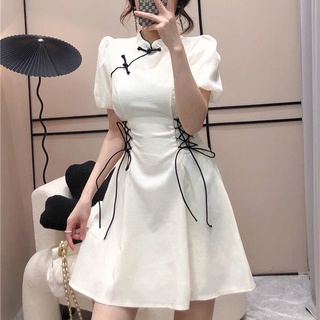 Đầm Sườn Xám Cách Tân Tay Ngắn Dáng Ôm Cột Dây Eo Thời Trang Mùa Hè Quyến Rũ Cho Nữ