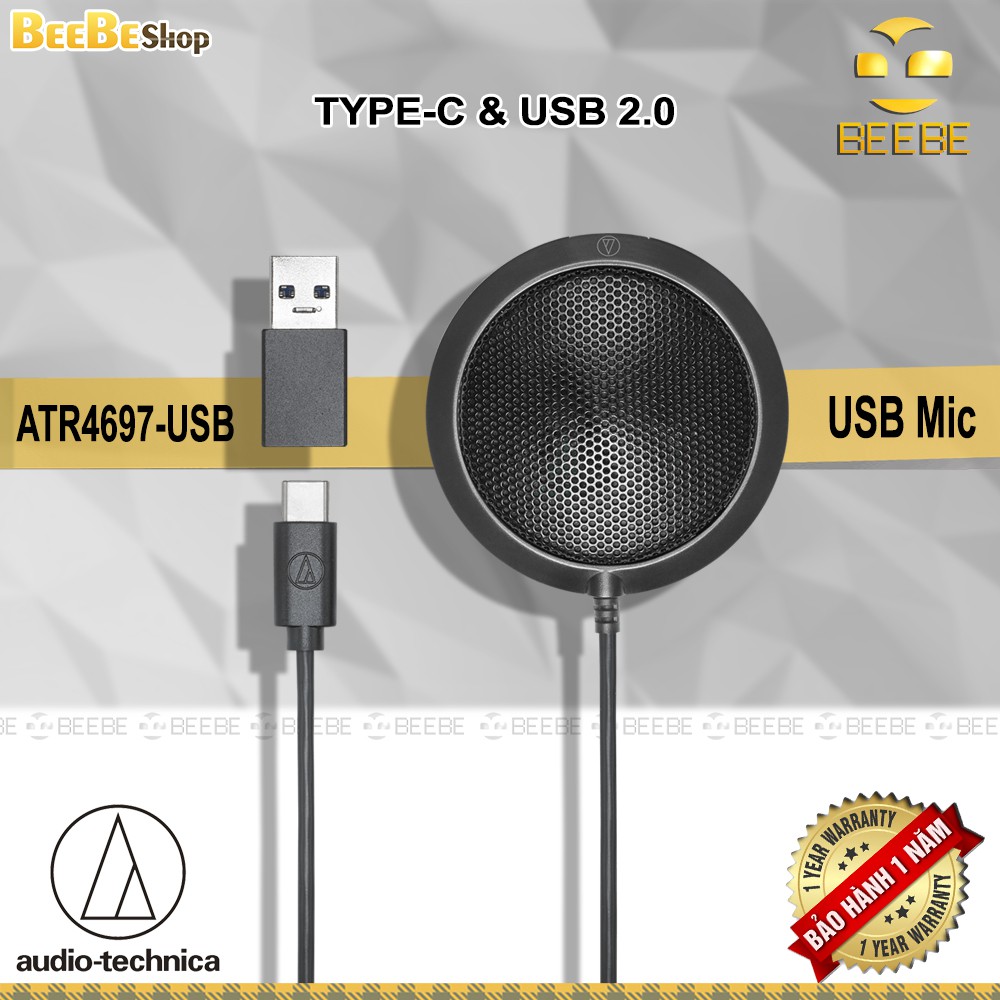 Audio Technica ATR4697 USB - Mic Họp Trực Tuyến, Kết Nối Type-C, Hướng Thu Đa Hướng, Có Giắc Chuyển USB 2.0