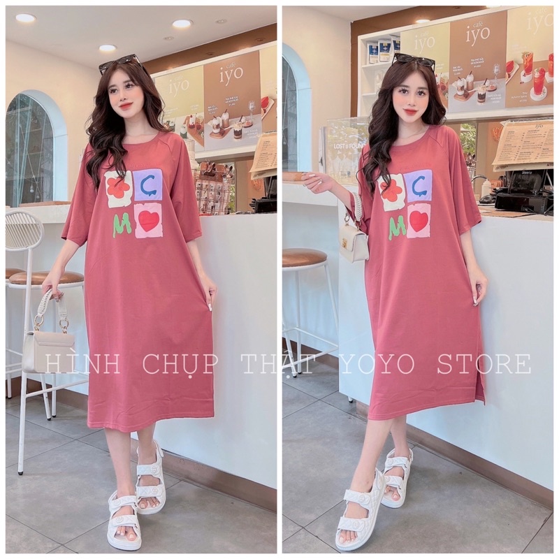 Đầm thun bầu bigsize dáng suông xẻ tà form dài dưới 75kg đan dây LA màu xanh