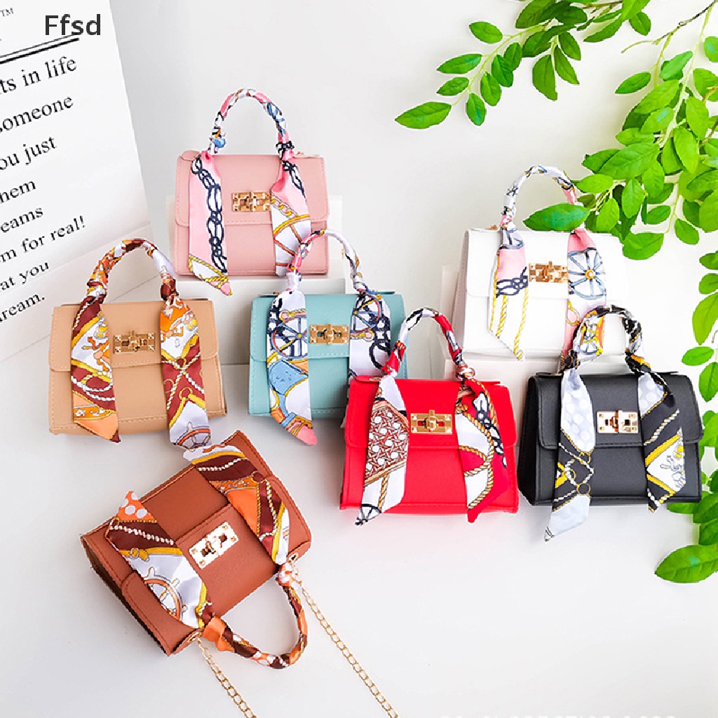 {Ffsd} Túi Xách Da PU Hình Vuông Nhỏ Nhắn Có Khóa Dây Lụa Thắt Nơ