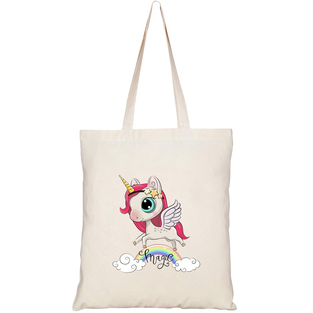 Túi vải tote canvas HTFashion in hình cartoon unicorn on rainbow HT343