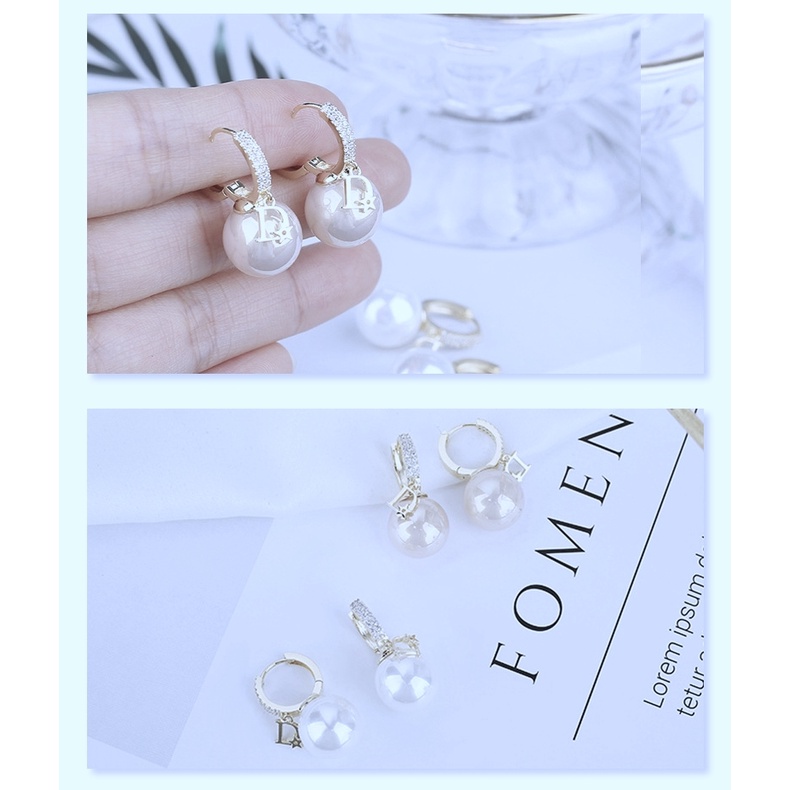 Bông tai nữ bạc ta cao cấp móc chữ D đính hạt trai nhân tạo - Trang sức bạc Evasilver