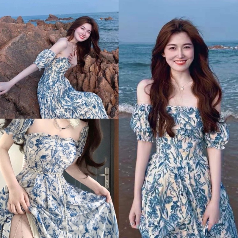 Đầm hoa trễ vai đi biển mùa hè phong cách ngọt ngào quyến rũ thời trang nữ hebe's MSP C54
