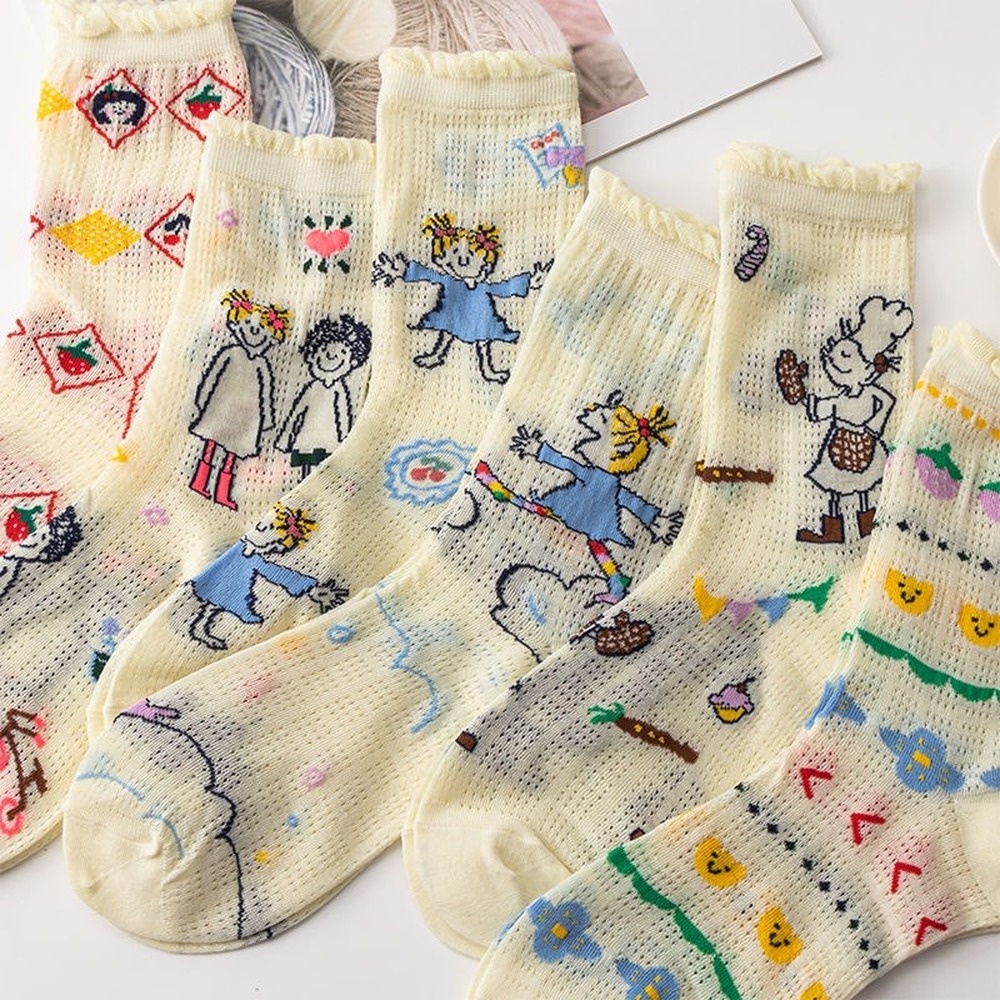 Set 2 đôi vớ mỏng phối ren họa tiết hoạt hình anime phong cách Nhật bản