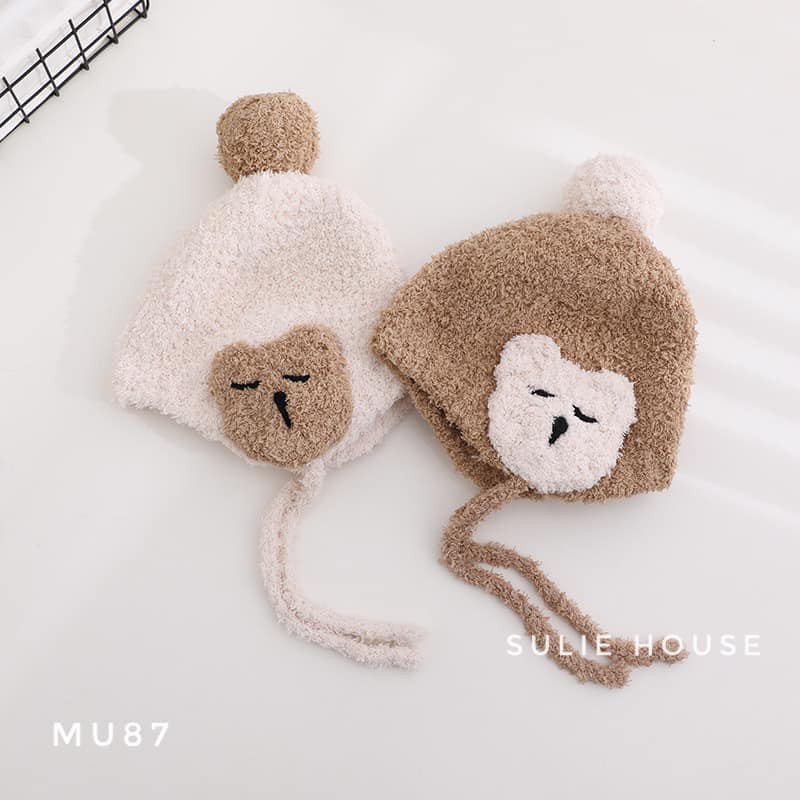 Mũ len cừu mặt gấu buộc dây - MU87