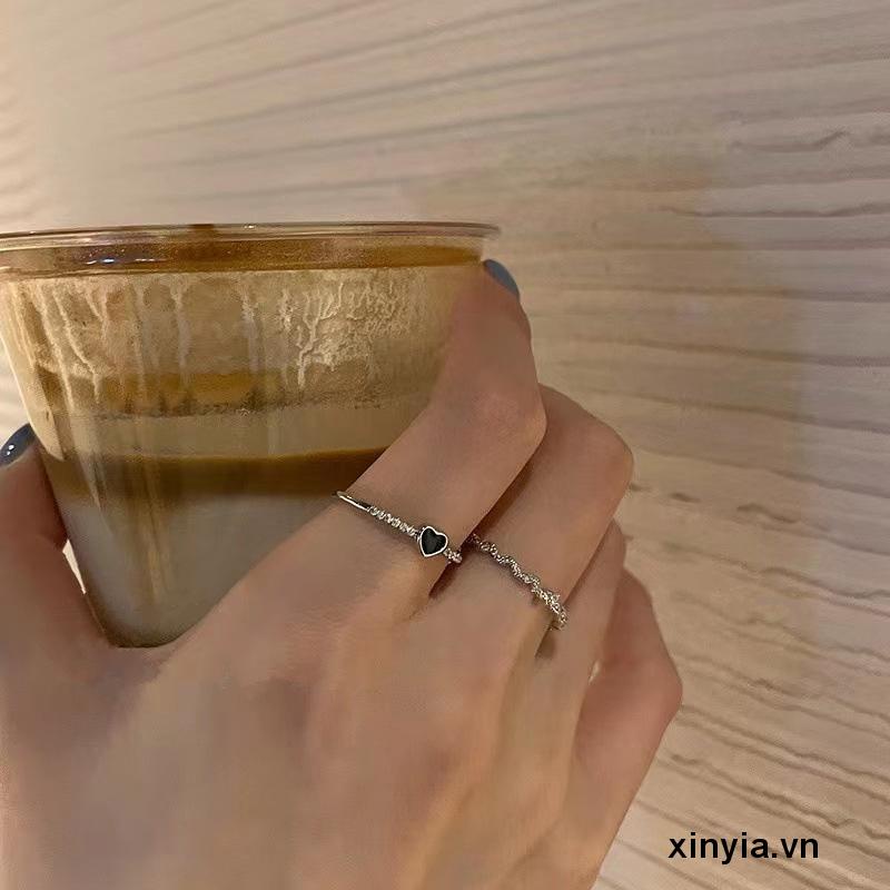 Set 2 nhẫn màu đen hình trái tim mạ bạc gợn sóng tùy chỉnh phù hợp làm quà tặng cho nữ đi tiệc