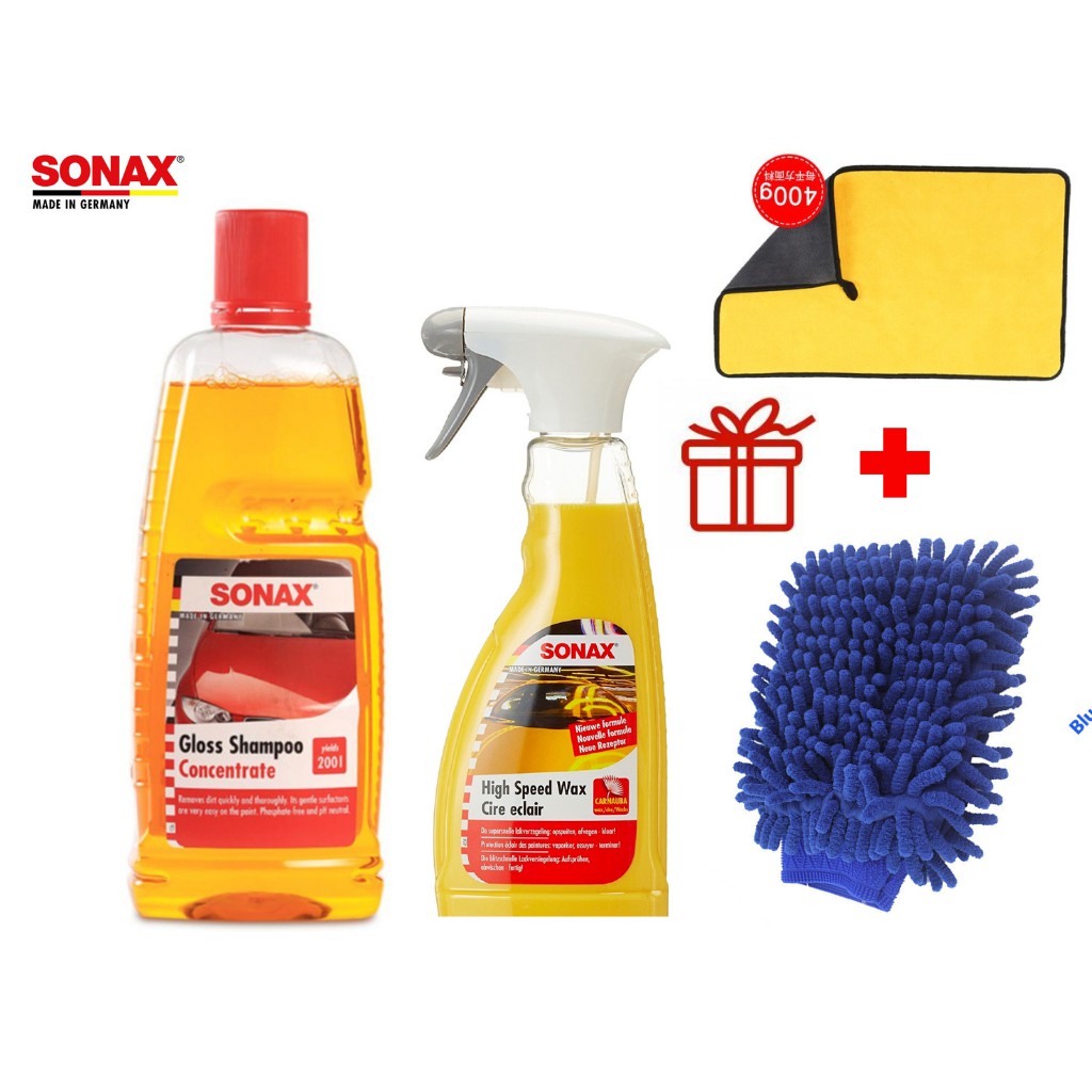 Combo Nước Rửa Xe Làm Sạch Đánh Bóng Sơn Ướt Sonax Tặng Khăn Bao Tay