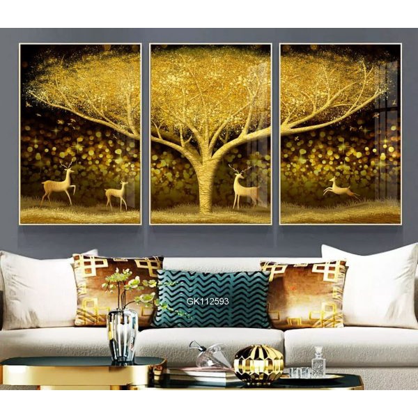 Bộ 3 tranh cây cổ thụ vàng,phong cảnh hiện đại ,tranh tráng gương,treo phòng khách, phòng ngủ, phòng ăn TBB38