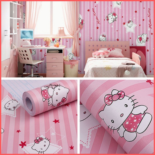 (Combo 5m) Giấy dán tường Hello Kitty sọc hồng khổ rộng 60cm có keo sẵn, Decal giấy dán tường màu hồng dễ thương