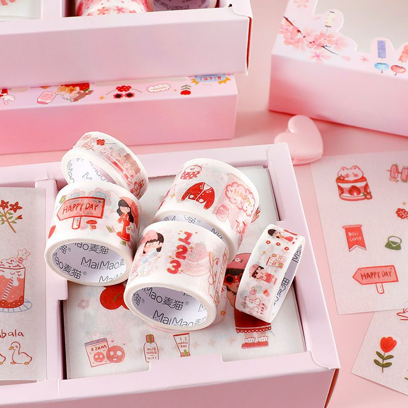 Hộp Washitape 2 cột băng keo kèm sticker cute, hộp sticker dán trang trí sổ dễ thương