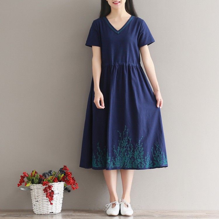 [ORDER] Váy đầm linen bigsize thêu hoa màu xanh đen (V020) - Có ảnh thật