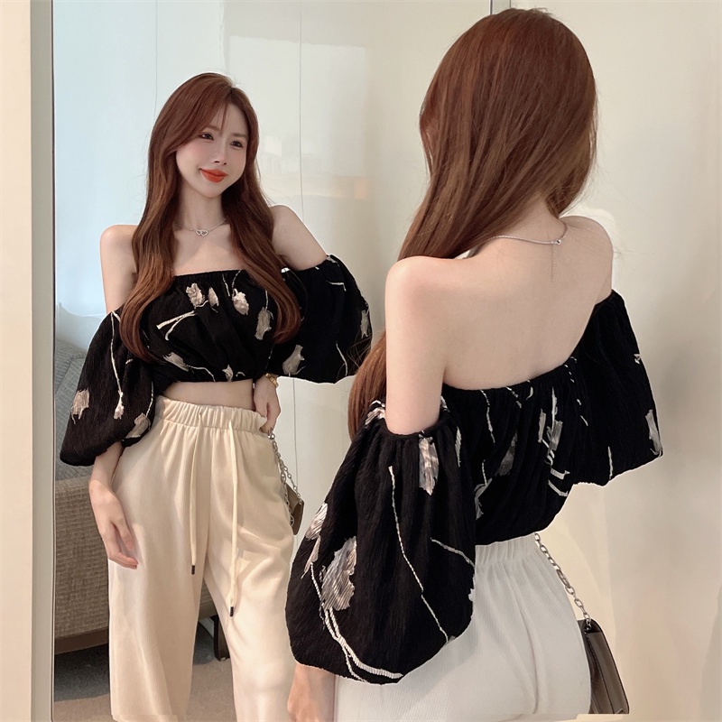 Áo Sơ Mi Tay Ngắn Hở Vai Dáng Rộng In Họa Tiết Độc Đáo Thời Trang Cho Nữ