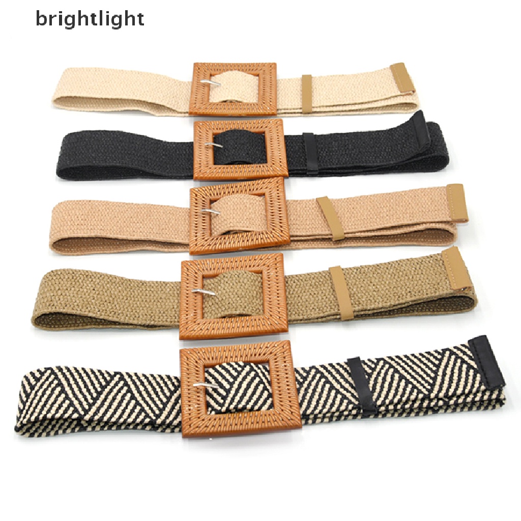 Thắt Lưng Rơm Co Giãn Phối Khóa Vuông Phong Cách Boho Thời Trang