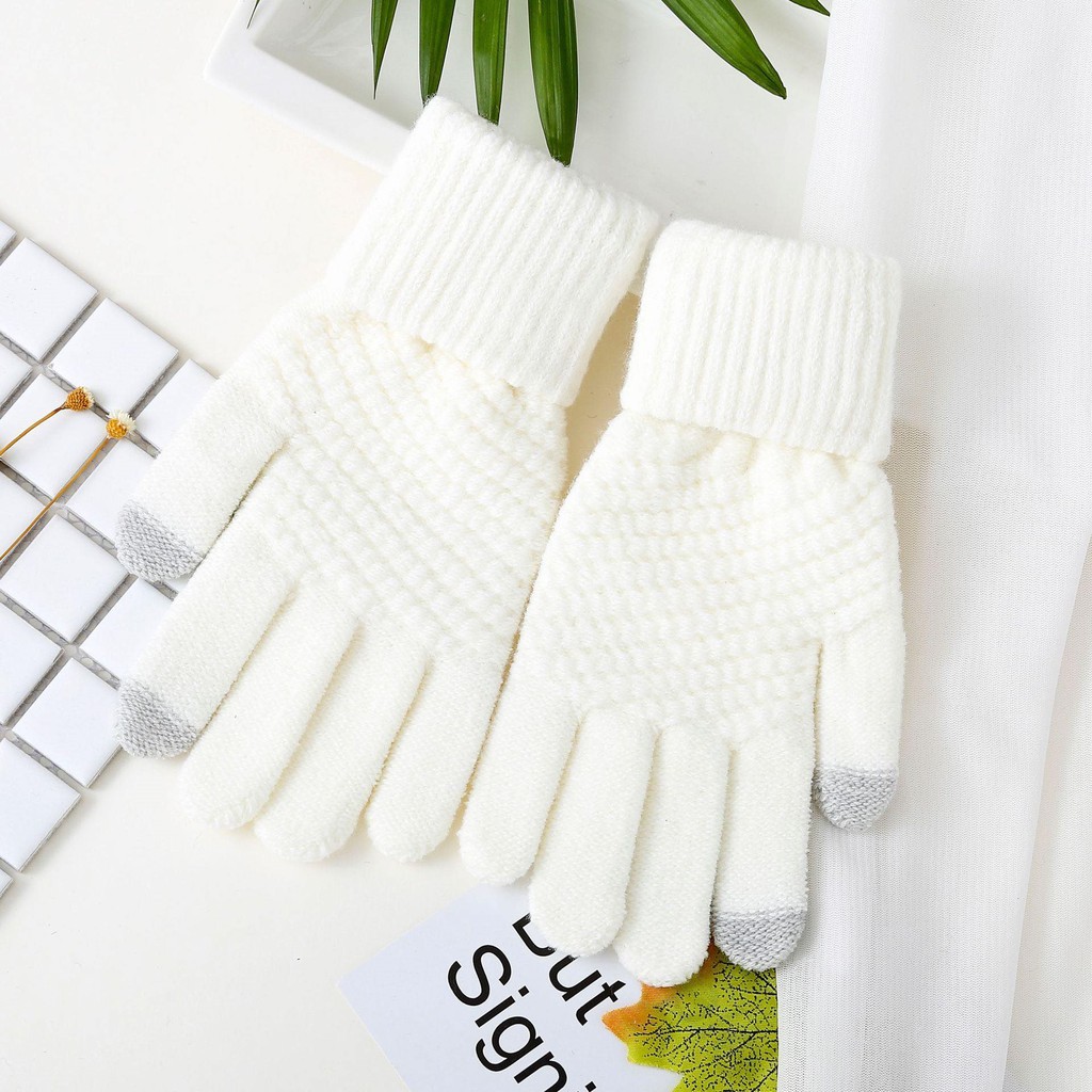 Đôi găng tay len màu trơn thiết kế 2 đầu ngón tay chạm màn hình cảm ứng