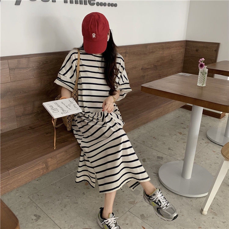 Đầm Thun Cotton Dài Qua Gối Tay Lửng Dáng Rộng Họa Tiết Kẻ Sọc Thời Trang Mùa Hè Cho Nữ