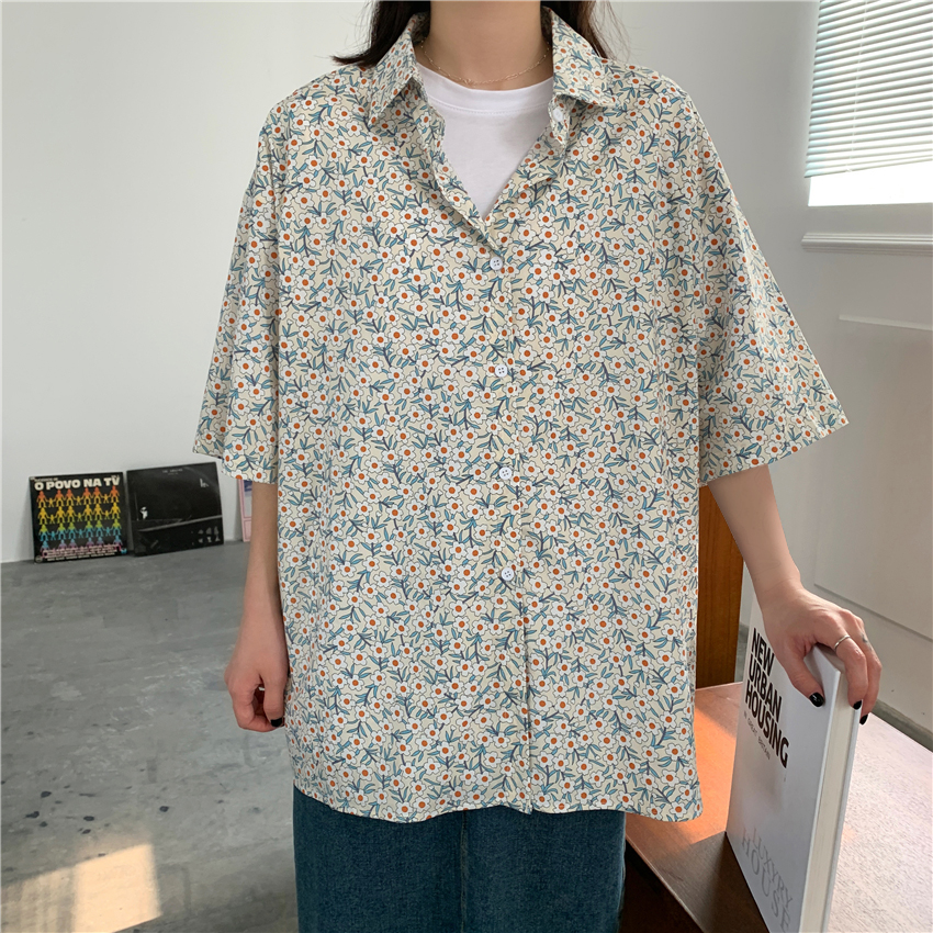 NRVP Áo sơ mi tay ngắn dáng rộng in họa tiết hoa xinh xắn thời trang mùa thu 2021 cho phụ nữ