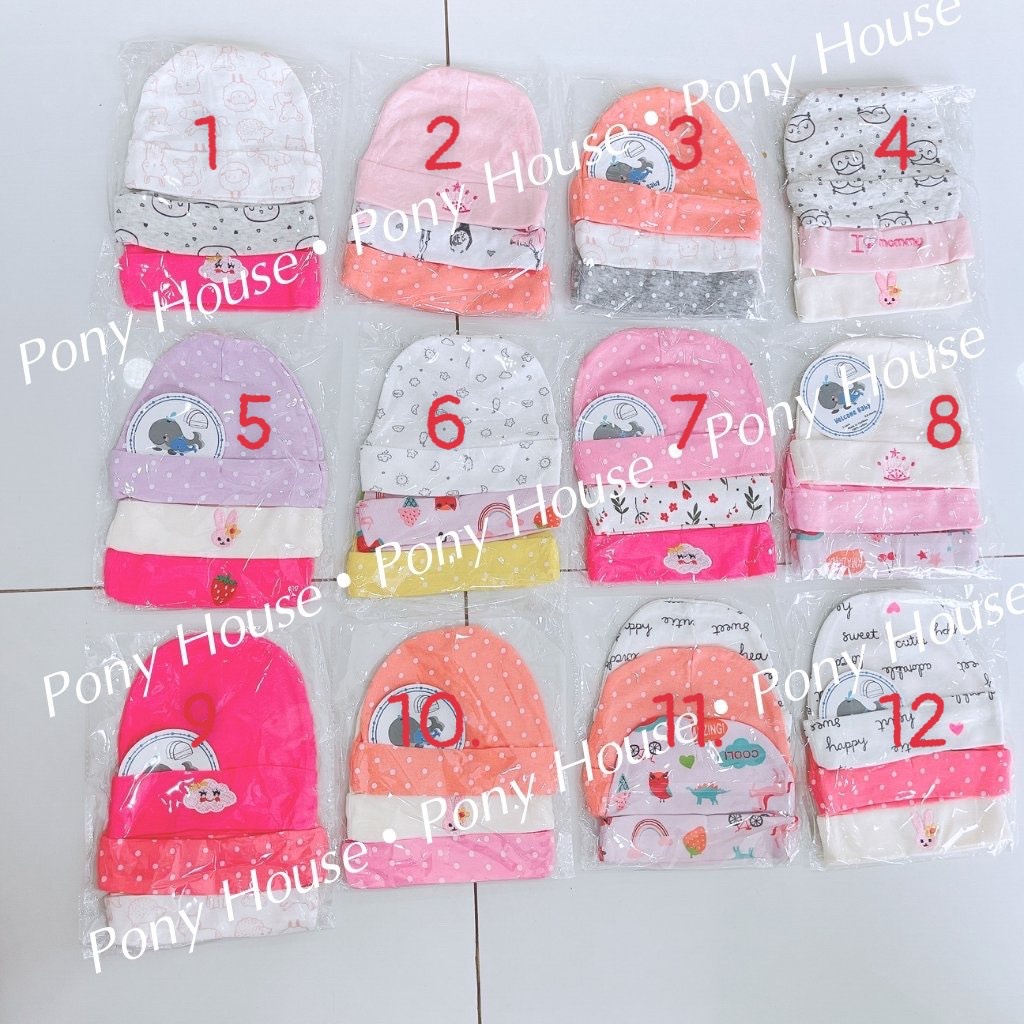 Mũ Cho Bé Sơ Sinh Set 3 Mũ Cotton Mềm Mại Cho Bé Từ 0-3 Tháng Set 3 Chiếc