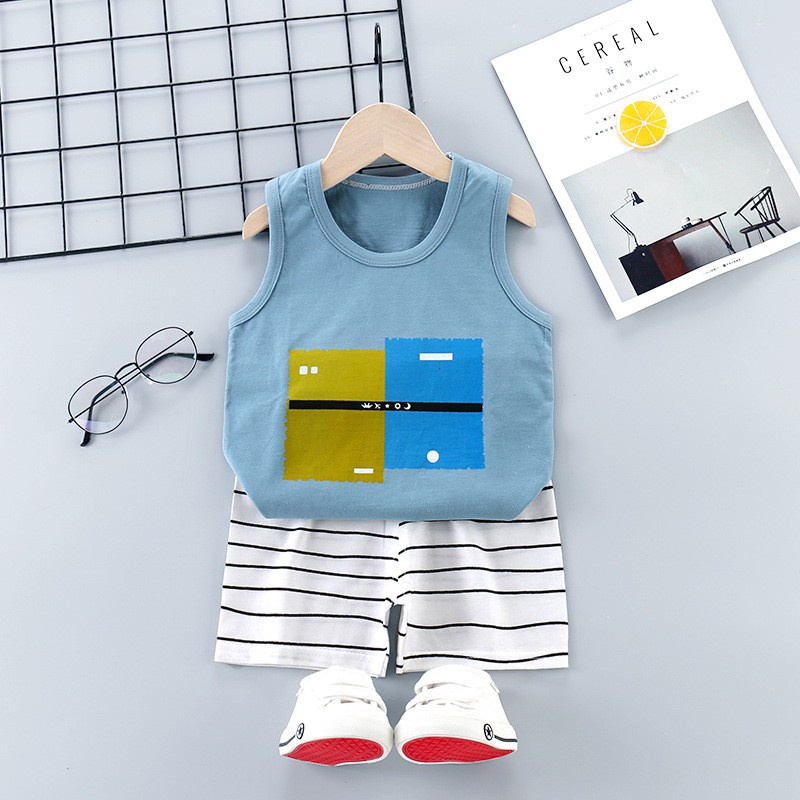 Bộ Áo Sơ Mi Không Tay + Quần Short Cotton Thời Trang Cho Bé