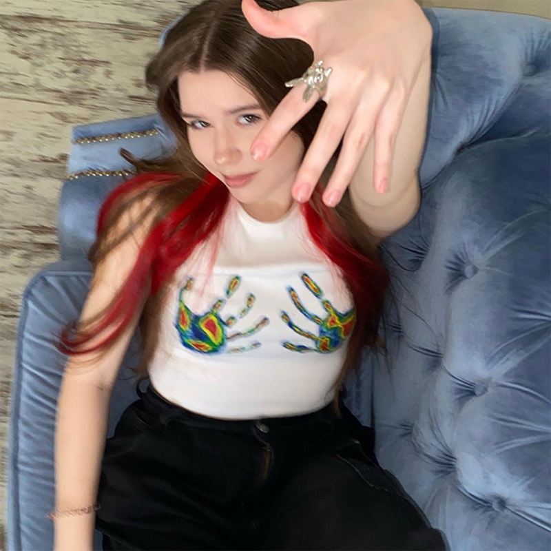 Áo Croptop Không Tay Cổ Tròn In Họa Tiết Bàn Tay Phong Cách Harajuku Cho Nữ