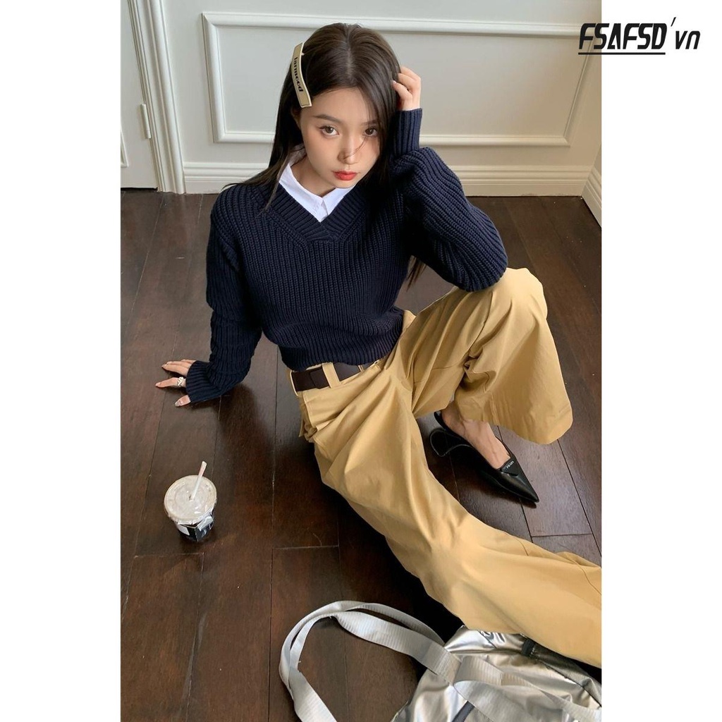 Set Áo Len Cổ V Dài Tay + Áo Sơ Mi Dài Tay Phong Cách Hàn Quốc Thời Trang Nữ