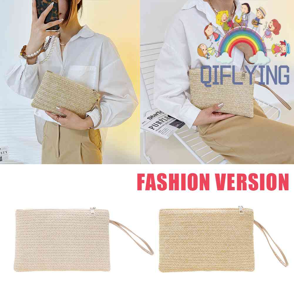 Qifly Túi Xách Đeo Cổ Tay Đan Lát Thời Trang Đi Biển Mùa Hè Nhỏ Dành Cho Nữ