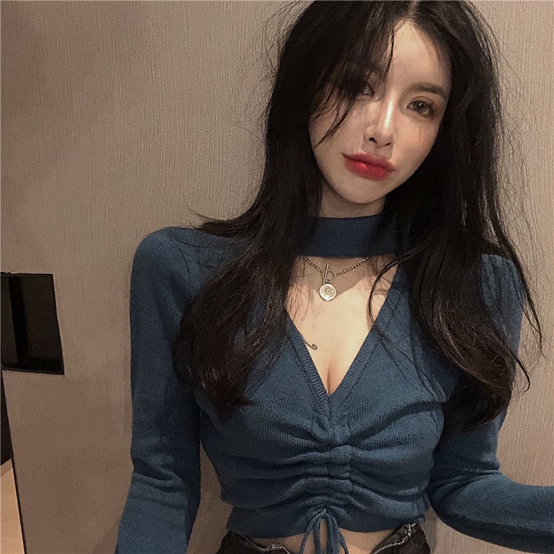 Áo croptop len dệt kim dây rút xanh Blue khoét cổ quyến rũ mẫu 2021 | BigBuy360 - bigbuy360.vn