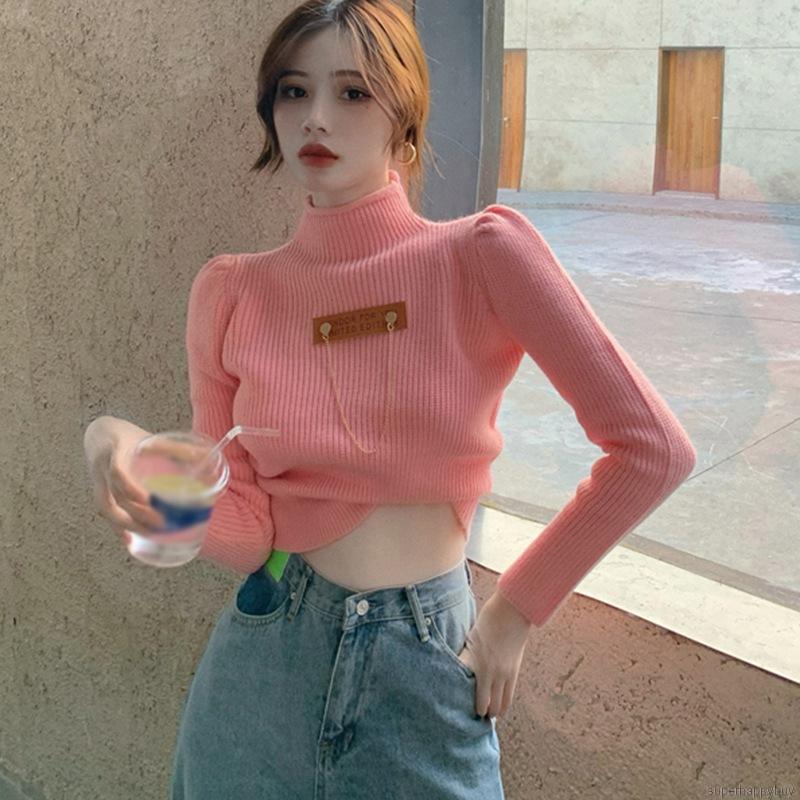 Áo Croptop Dệt Kim Tay Dài Thiết Kế Cổ Lọ Thanh Lịch