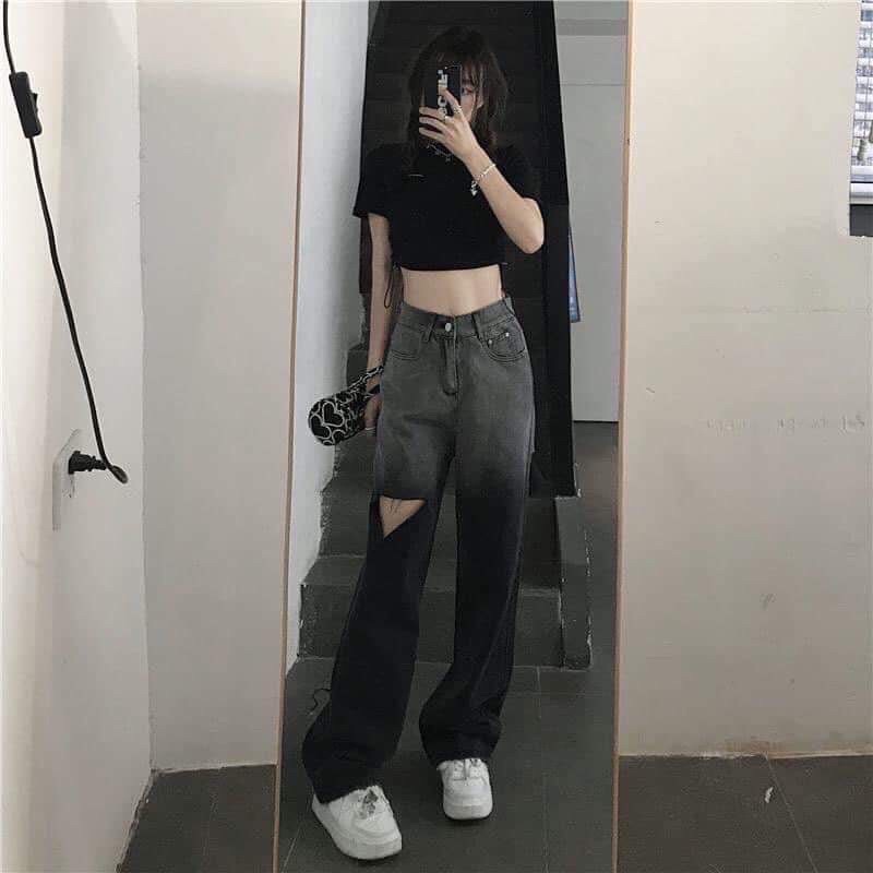 Quần bò jeans loang đen ống rộng dành cho nữ quần bò Nhungkudo