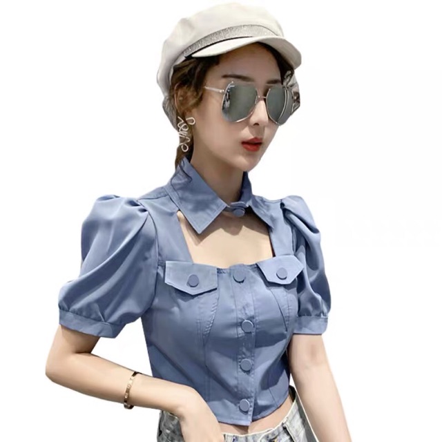 (ORDER) Áo sơ mi croptop cổ cut-out viền cúc to | BigBuy360 - bigbuy360.vn