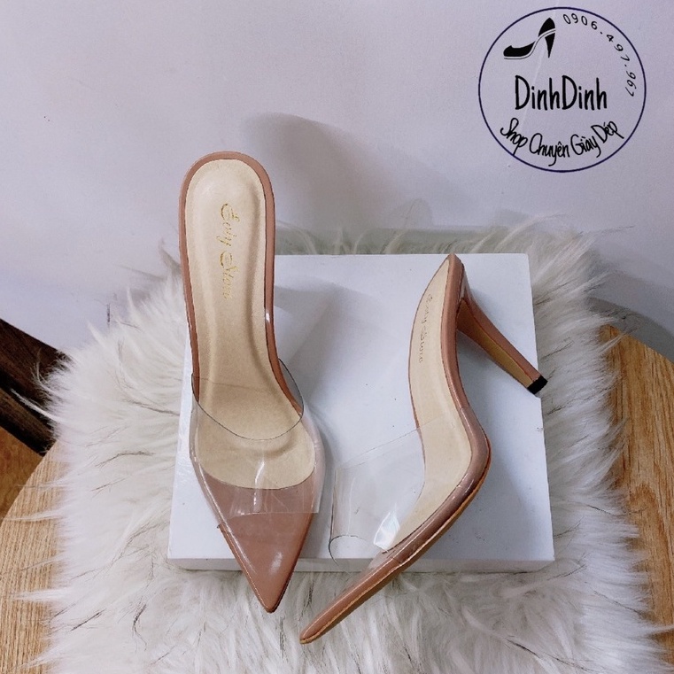 Dép guốc cao gót nữ mũi nhọn quai ngang mica trong suốt gót nhọn cao 9cm sang trọng  - DinhDinh Store