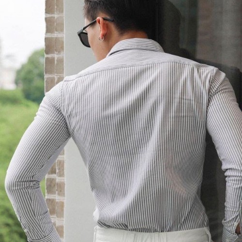 Áo Sơ Mi Nam Kẻ Sọc Dọc Xanh Xám Dài Tay GU CHẤT, Chất Vải Cotton Mềm GUSM02