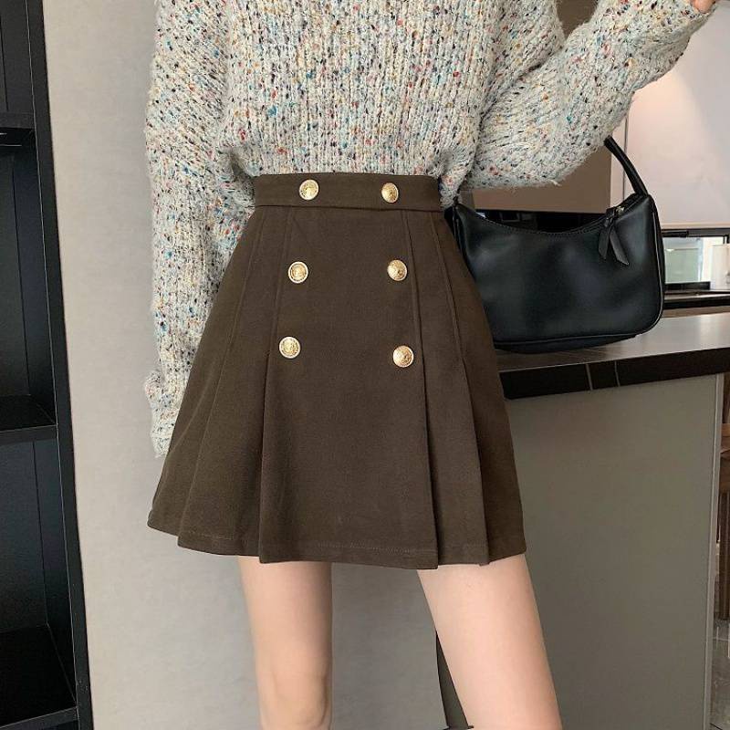 Chân váy xếp ly lưng cao 6 khuy dáng chữ A ngắn vải cao cấp Ladya Store M811