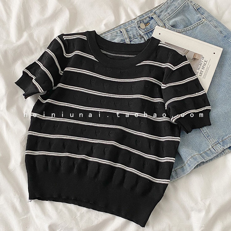 Áo len NZN cổ tròn ngắn tay họa tiết kẻ sọc màu tương phản thời trang mùa hè cho nữ