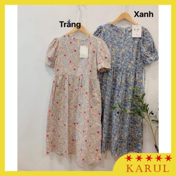 Đầm - váy babydoll hoa nhí ngắn tay bo chất vải thô,  Đầm - váy babydoll hoa nhí chất vải thô 2 màu xanh trắng