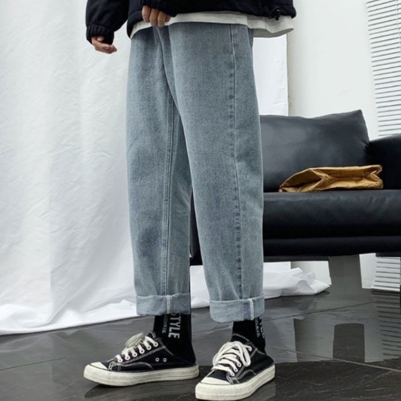 Quần jean ống rộng màu trơn phối dây rút thời trang cho nam size S-3XL