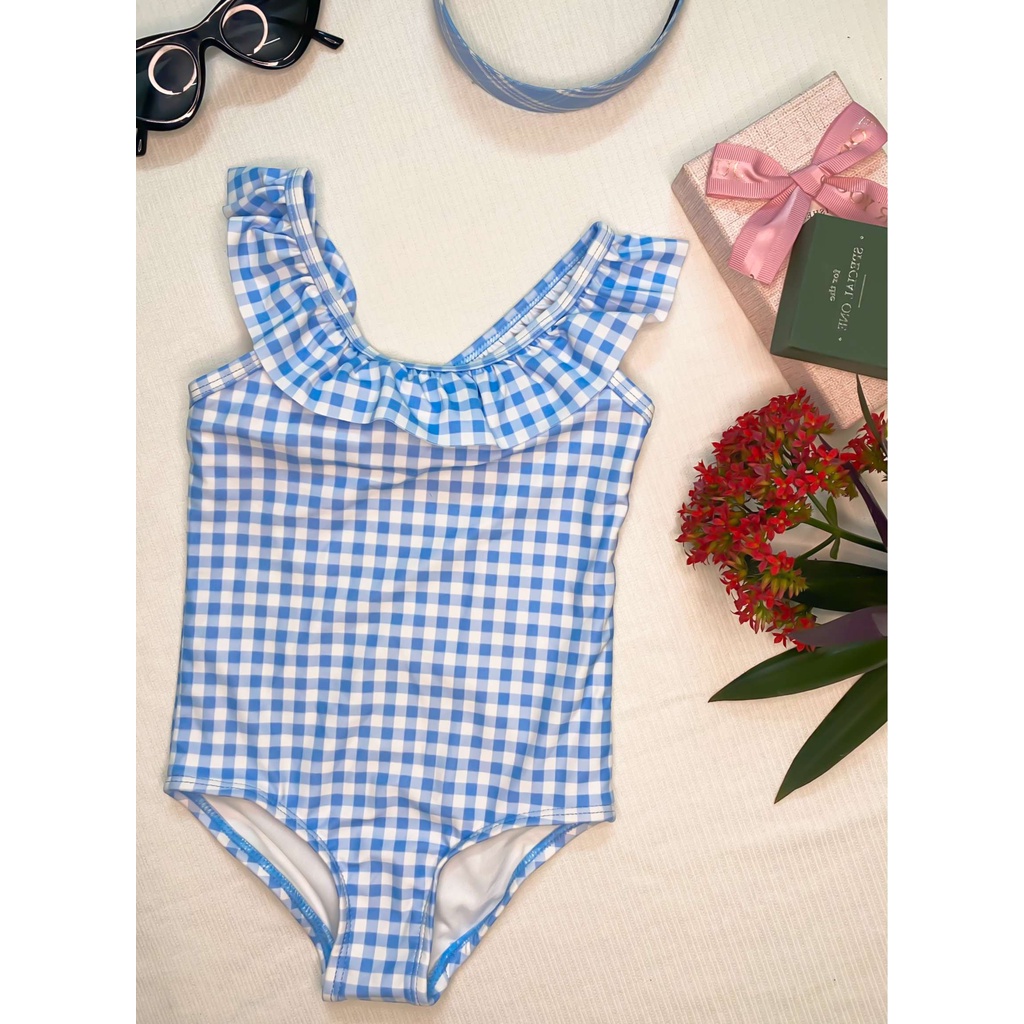 6M-5T Bikini đồ bơi bé gái đi biển CHỐNG NẮNG 1 mảnh kẻ caro xanh trắng hở lưng dây bèo cổ yếm tròn nơ tại lưng sau