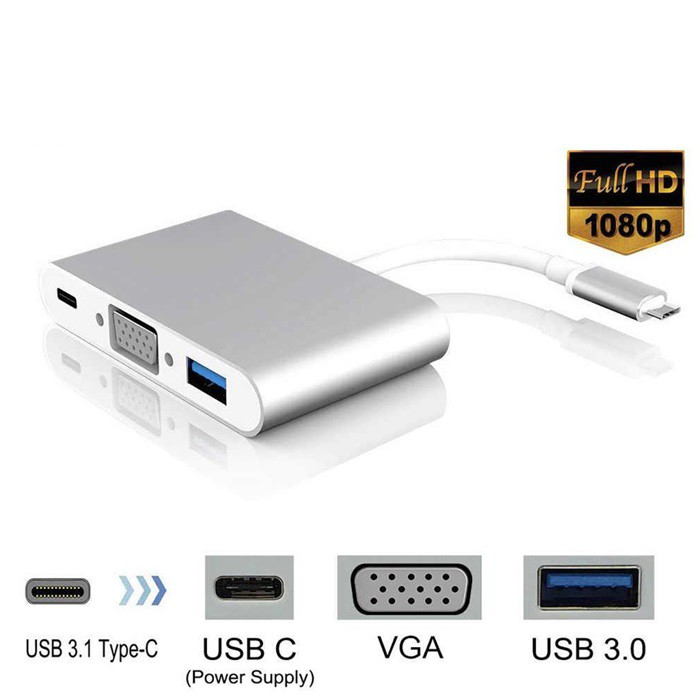 Cáp 3 in 1 chuyển đổi typeC sang VGA/ USB/ TypeC - hỗ trợ chất lượng FullHD (Xám)