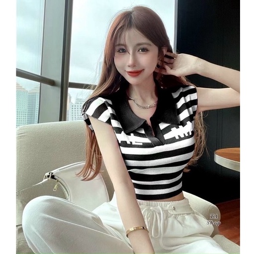 Xả hàng - Áo len mỏng Polo dáng croptop, Áo len kiểu in chữ vai hến AL6037 - NhiNhi Shop