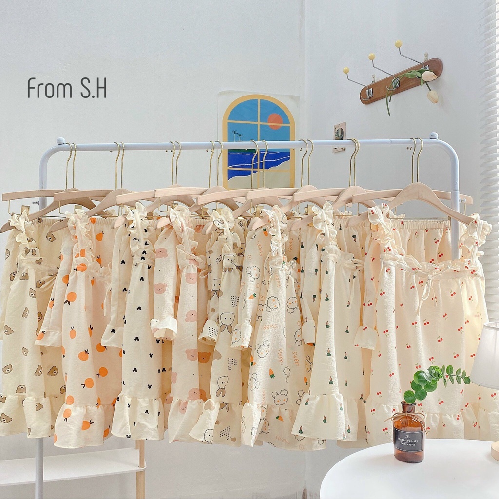 Set đồ ngủ pyjama 2 dây, viền bèo, chất đũi mát, họa tiết cute, Soyyo (Hàng sẵn)