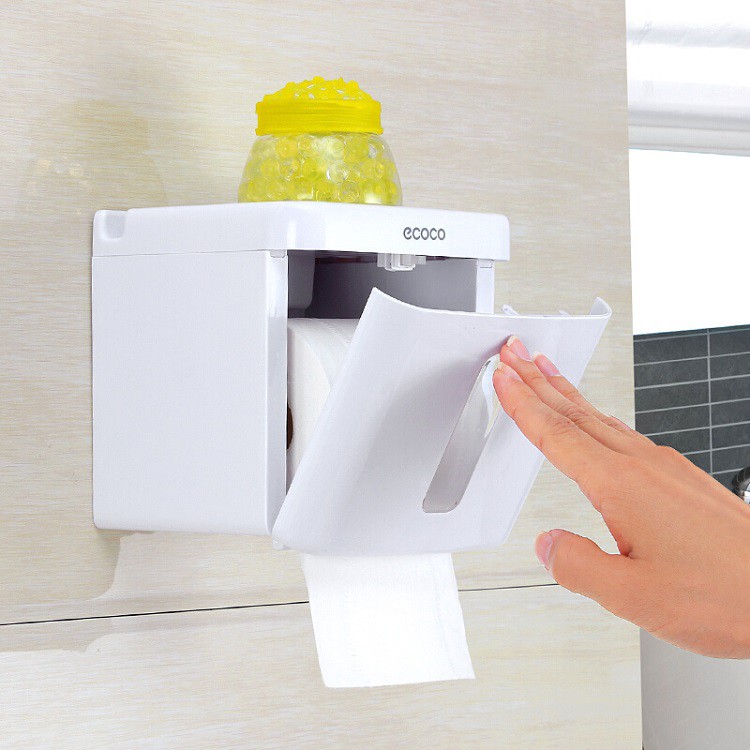 Hộp đựng giấy vệ sinh Ecoco chữ nhật dán tường nhà tắm - kệ toilet cao cấp có khay đựng đồ dùng cá nhân