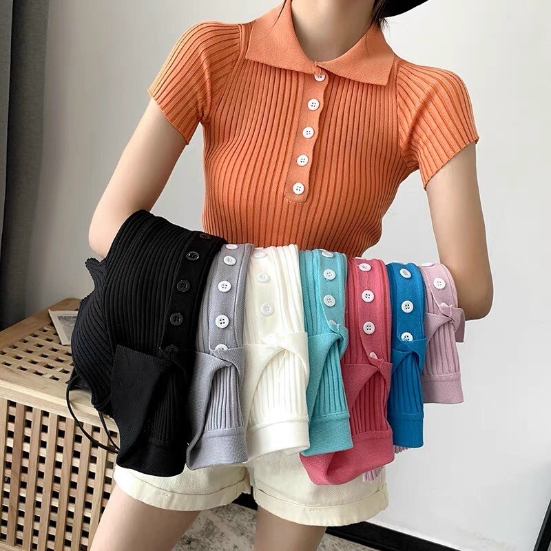 Áo len mỏng cộc tay cổ bẻ cúc ngực